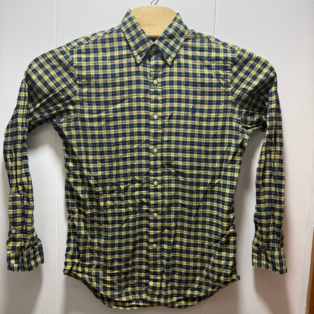 Ralph‎ Lauren Mens Yellow Navy Blue Plaid Cotton Button Down Shirt Size Small